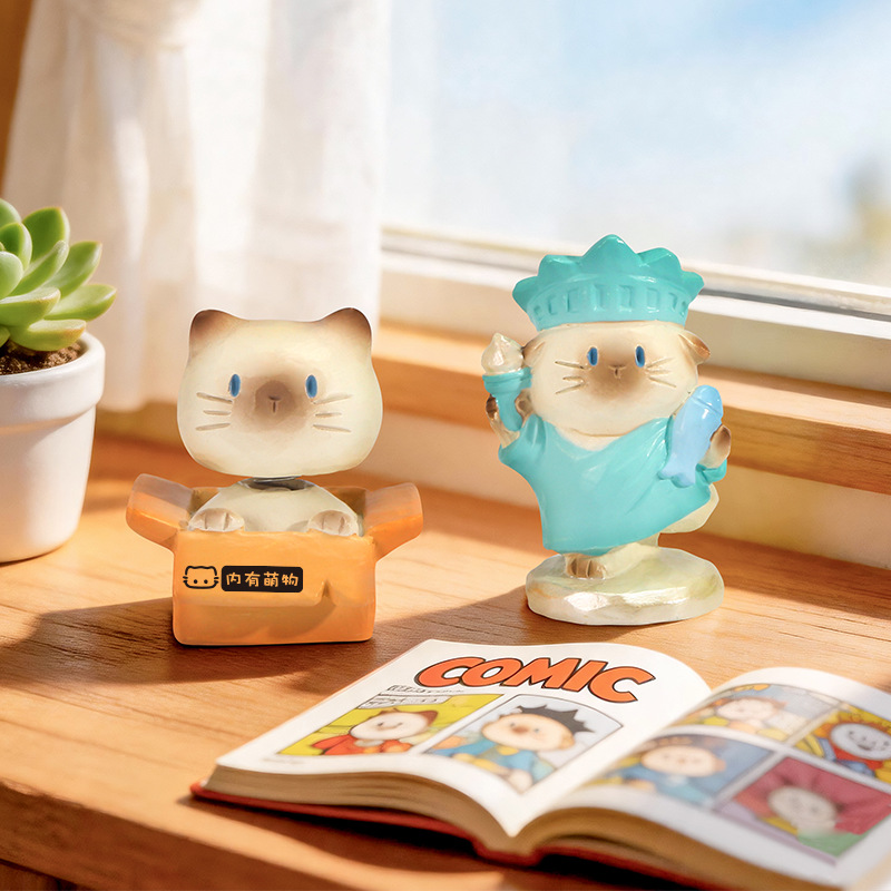 かわいい猫のブラインドボックスフィギュア。レジン製の卓上オー - Home Security Box のレビューと価格